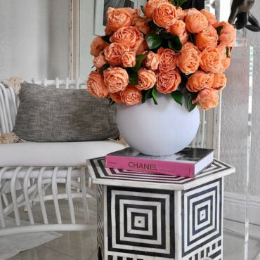 English Roses in White Matte Fishbowl Vase