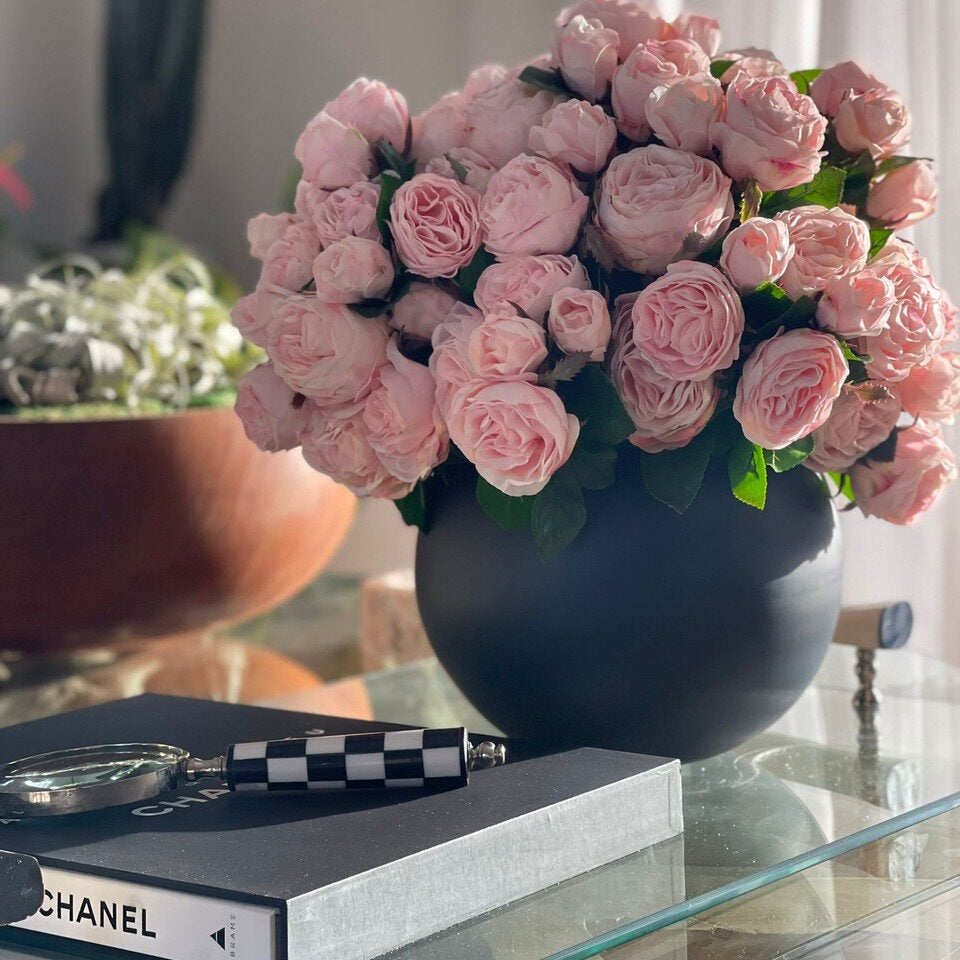 English Roses in Matte Black Fishbowl Vase