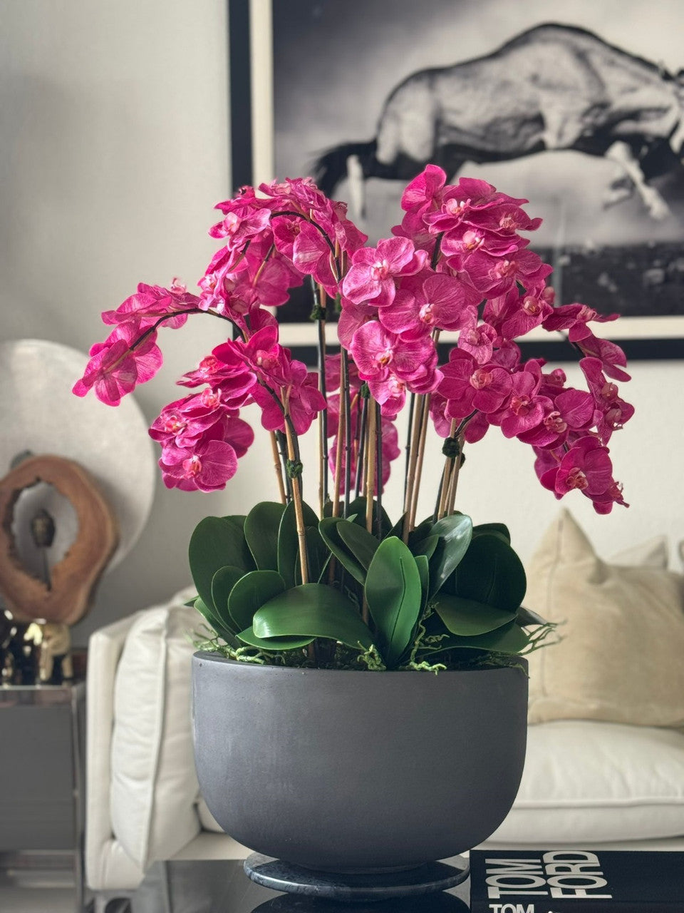 Pink Fucsia Orchids In Glossy Grey Fiberstone Bowl