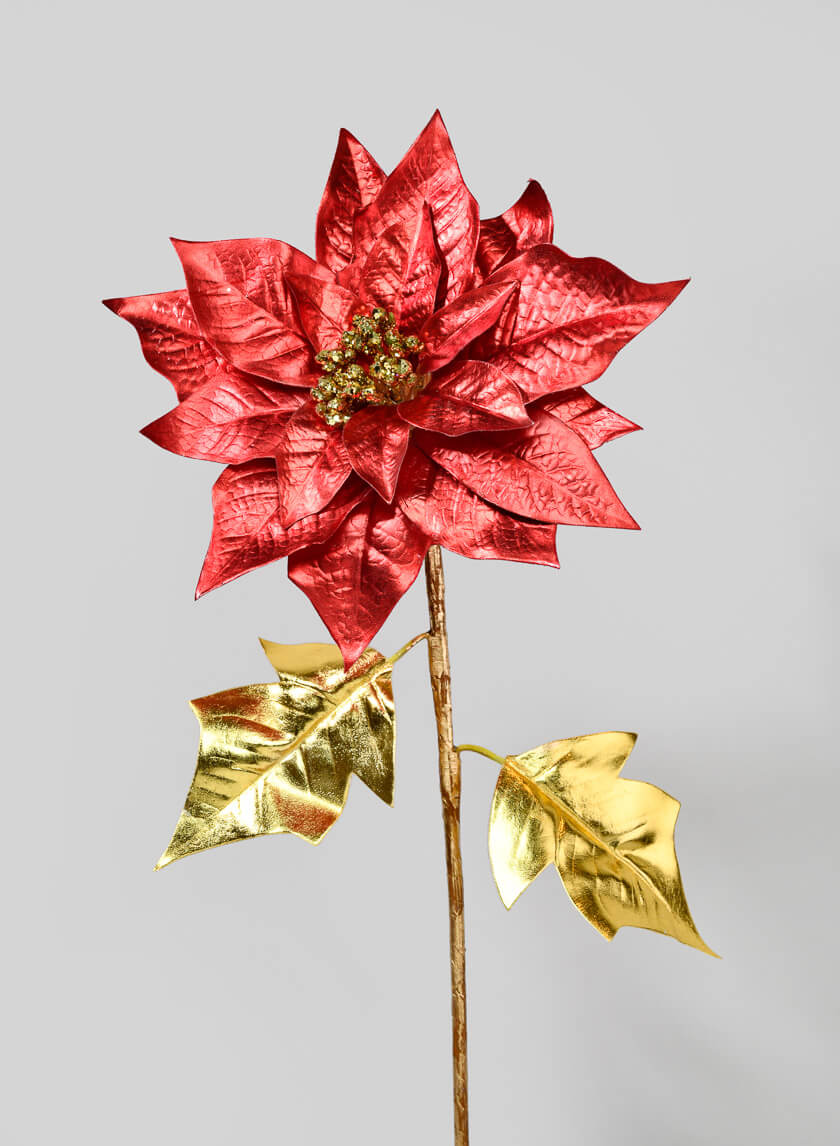34in Long Red & Gold Poinsettia Stem