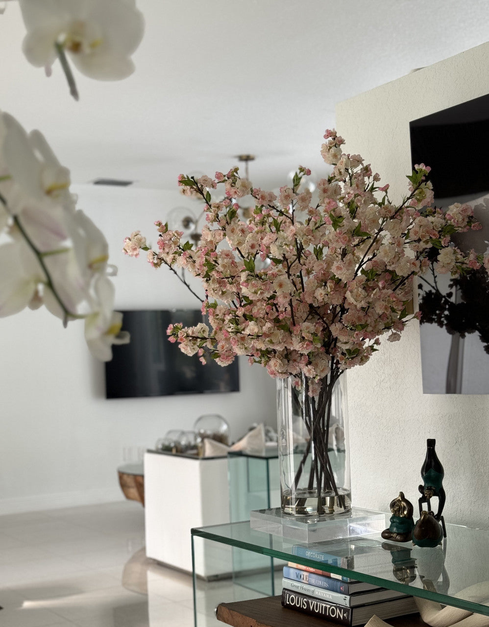 Pink Cherry Blossoms In 16″ Glass Cylinder