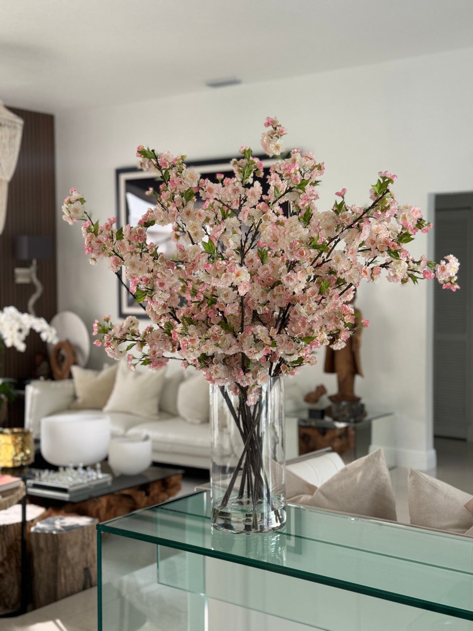 Pink Cherry Blossoms In 16″ Glass Cylinder