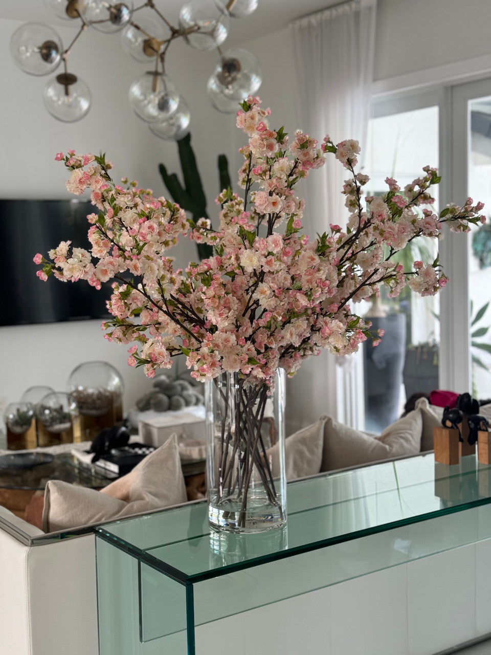 Pink Cherry Blossoms In 16″ Glass Cylinder