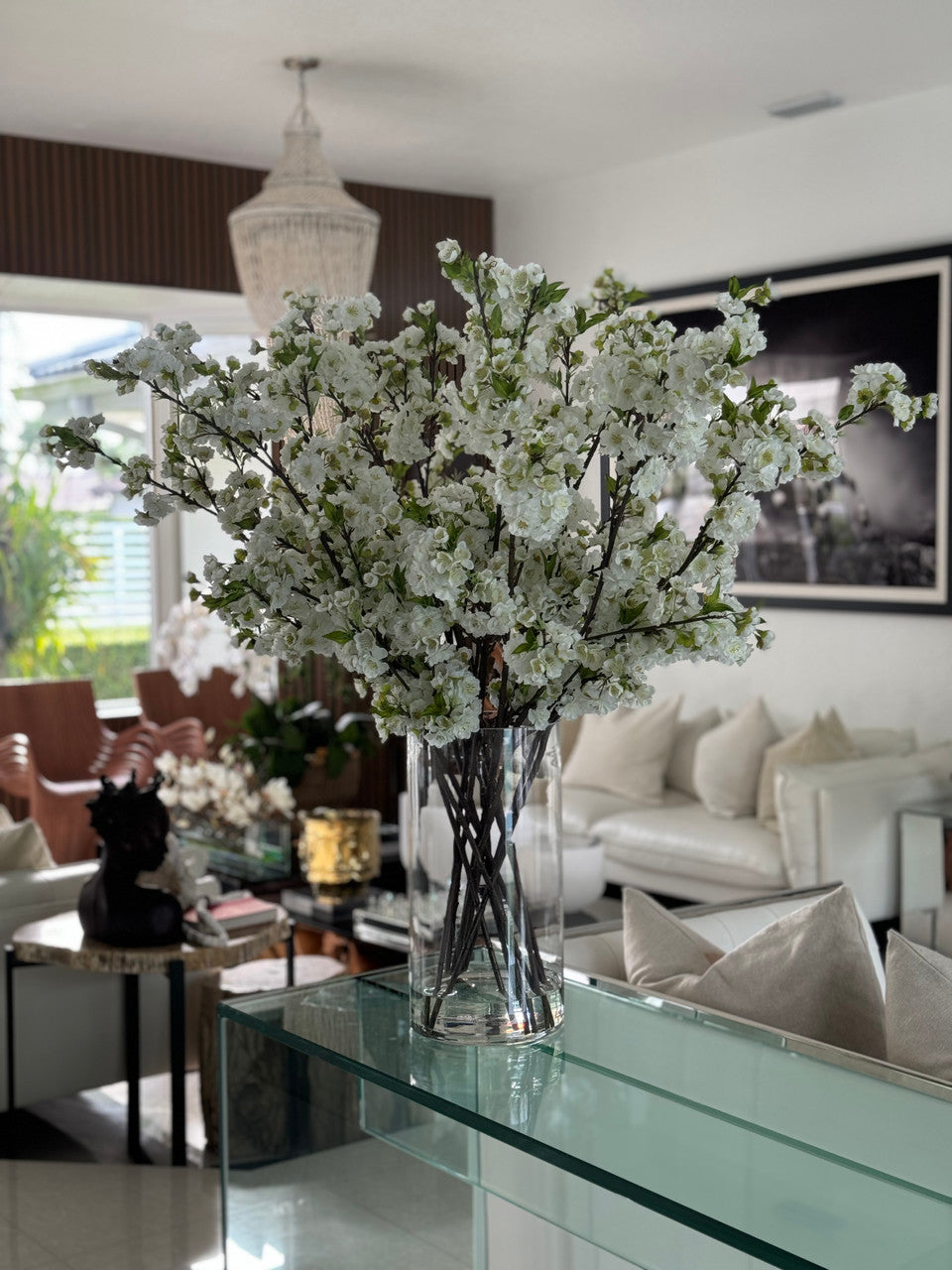 White Cherry Blossoms In 16″ Glass Cylinder