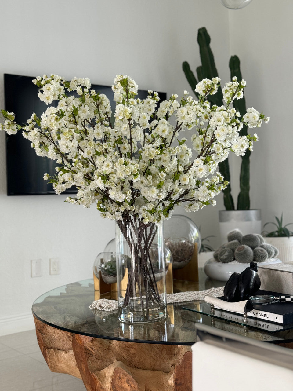 White Cherry Blossoms In 16″ Glass Cylinder