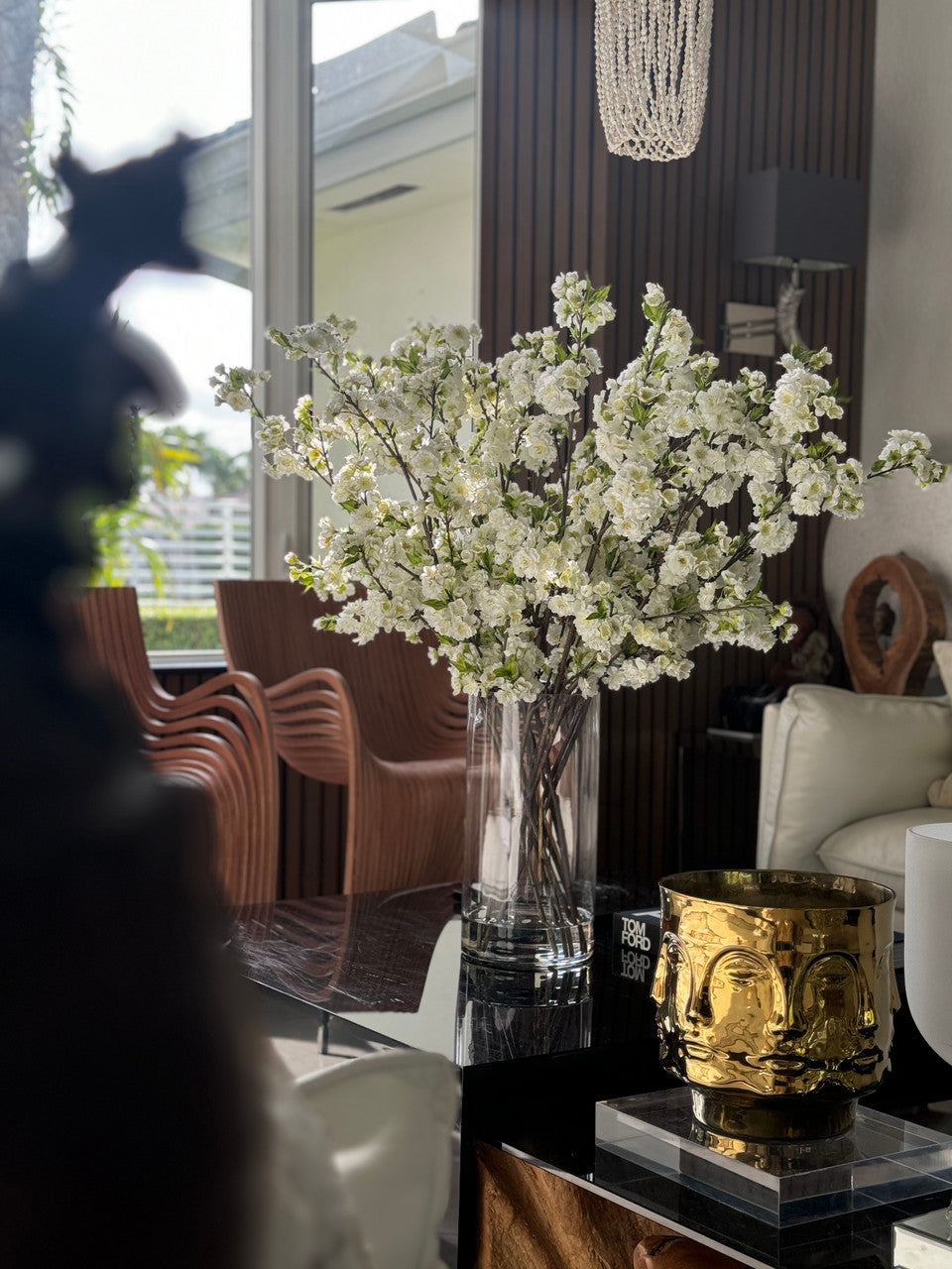 White Cherry Blossoms In 16″ Glass Cylinder