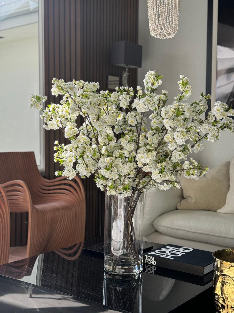 White Cherry Blossoms In 16″ Glass Cylinder